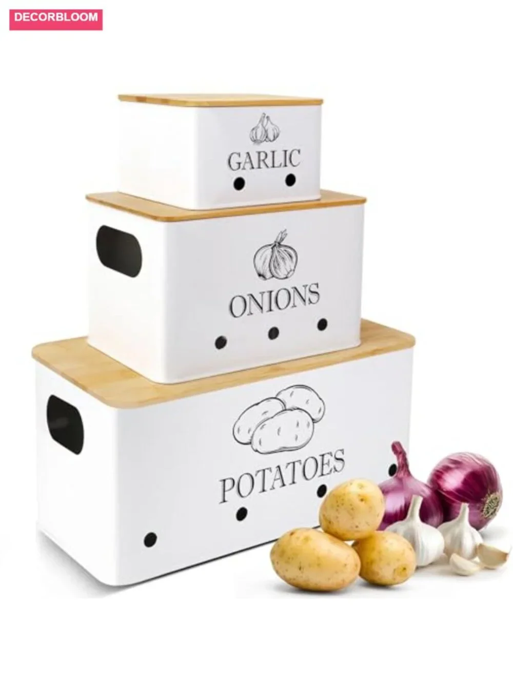 Metal Potato Onion Garlic Storage Set of 3 with Bamboo Lids